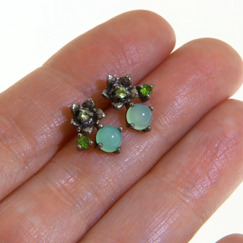 Cercei Stud Argint 925 Rodiu Negru Acvamarin Peridot Naturale - Armonie Florala