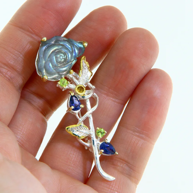 Pandantiv Brosa Argint 925 Labradorit Gravat Manual Ametist Peridot Citrin Naturale