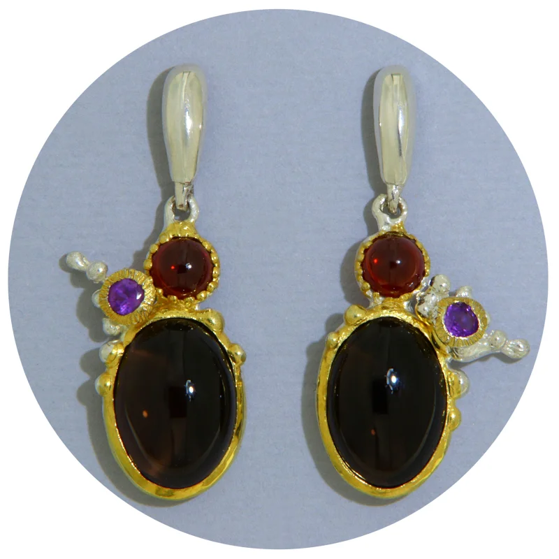 Cercei Stud Argint 925 Accente Aurite Cuart Fumuriu Granat Ametist Naturale - Armonie si Contrast