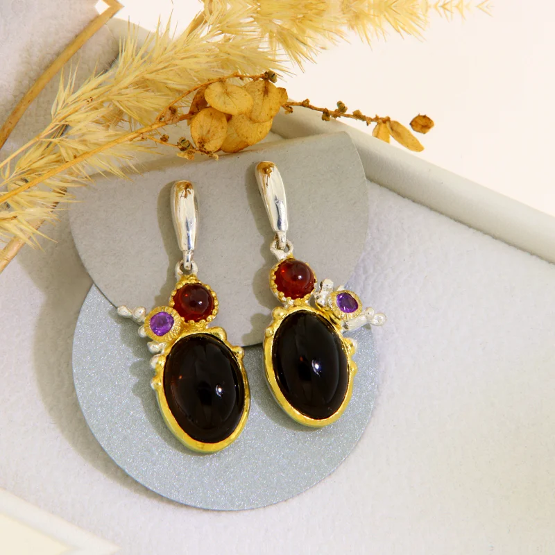 Cercei Stud Argint 925 Accente Aurite Cuart Fumuriu Granat Ametist Naturale - Armonie si Contrast