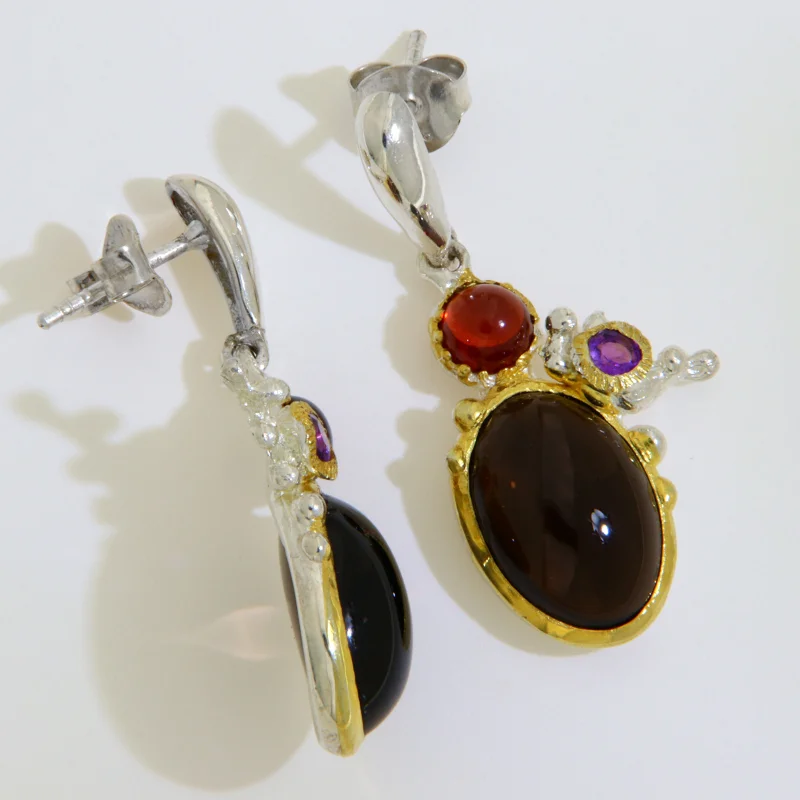 Cercei Stud Argint 925 Accente Aurite Cuart Fumuriu Granat Ametist Naturale - Armonie si Contrast