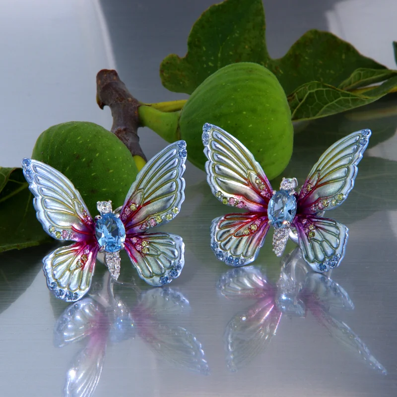 Cercei Argint 925 Rodiat Alb Aluminiu Cubic Zirconia Fluturi Degrade Bleu Vernil Roz