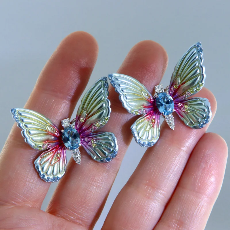 Cercei Argint 925 Rodiat Alb Aluminiu Cubic Zirconia Fluturi Degrade Bleu Vernil Roz