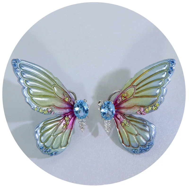 Cercei Argint 925 Aluminiu Cubic Zirconia Profil Fluturi Degrade Blue Vernil Roz
