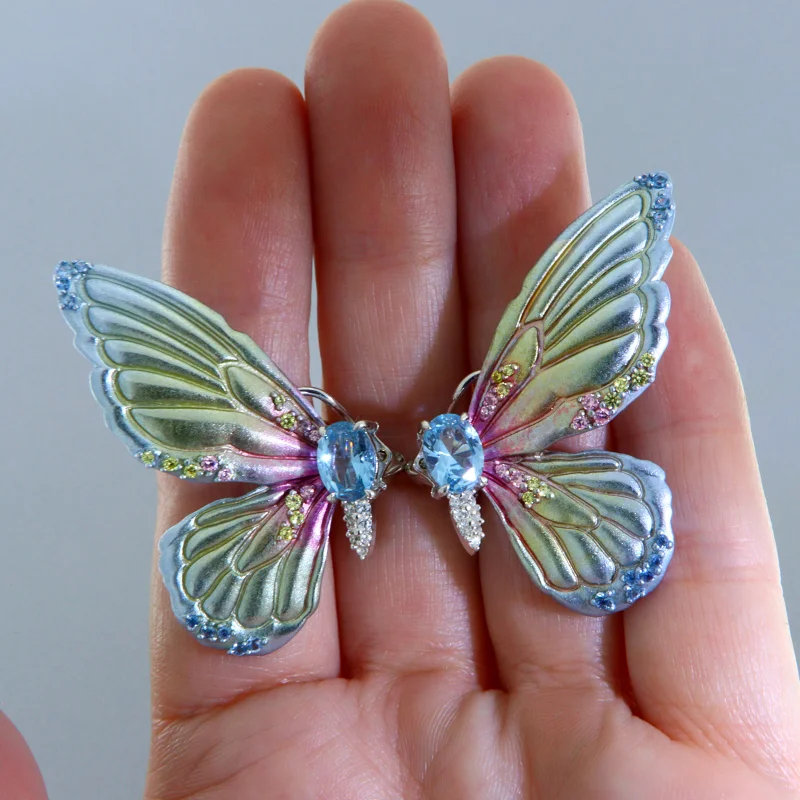 Cercei Argint 925 Aluminiu Cubic Zirconia Profil Fluturi Degrade Blue Vernil Roz