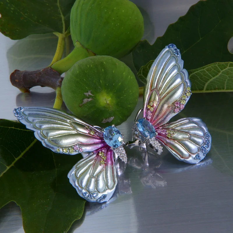 Cercei Argint 925 Aluminiu Cubic Zirconia Profil Fluturi Degrade Blue Vernil Roz