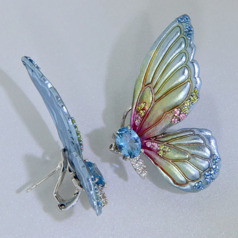 Cercei Argint 925 Aluminiu Cubic Zirconia Profil Fluturi Degrade Blue Vernil Roz