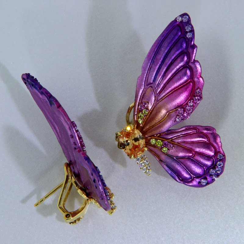 Cercei Argint 925 Aurit Aluminiu Cubic Zirconia Profil Fluturi Degrade Violet Magenta