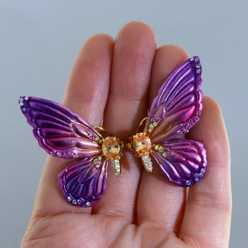 Cercei Argint 925 Aurit Aluminiu Cubic Zirconia Profil Fluturi Degrade Violet Magenta