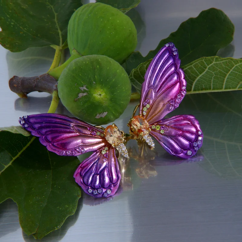 Cercei Argint 925 Aurit Aluminiu Cubic Zirconia Profil Fluturi Degrade Violet Magenta