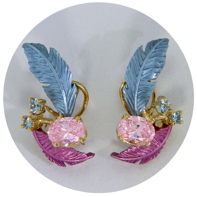Cercei Argint 925 Aluminiu Cubic Zirconia Frunze si Muguri Degrade Bleu Roz