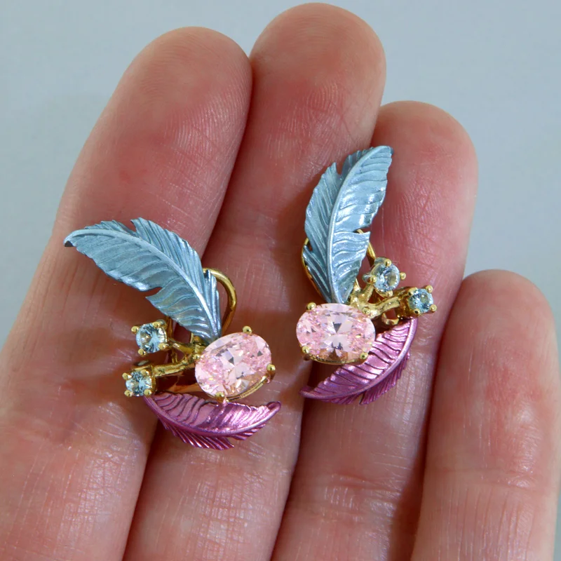 Cercei Argint 925 Aluminiu Cubic Zirconia Frunze si Muguri Degrade Bleu Roz