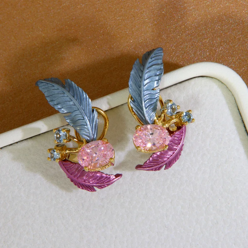 Cercei Argint 925 Aluminiu Cubic Zirconia Frunze si Muguri Degrade Bleu Roz