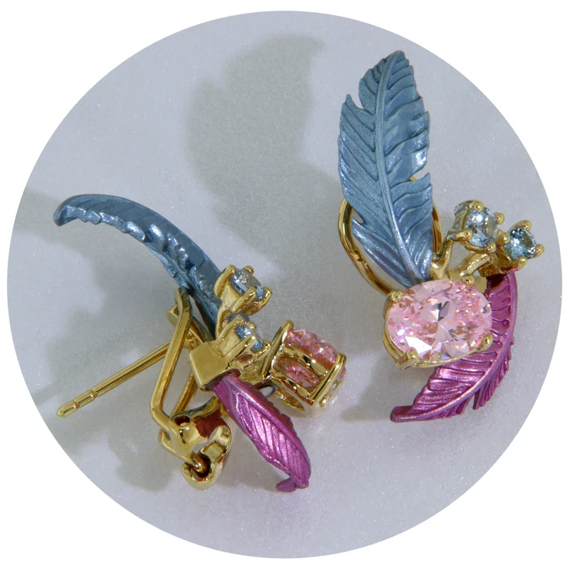 Cercei Argint 925 Aluminiu Cubic Zirconia Frunze si Muguri Degrade Bleu Roz