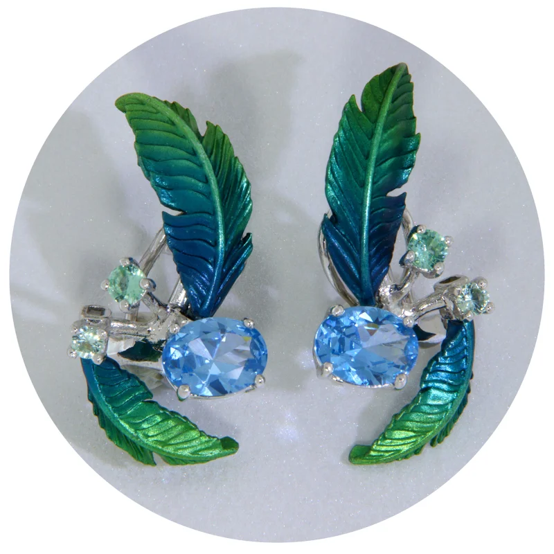 Cercei Argint Aluminiu Cubic Zirconia Frunze si Muguri Degrade Verde Bleu