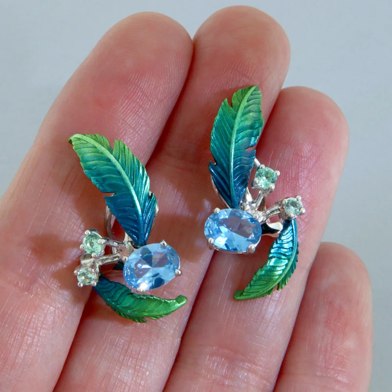 Cercei Argint Aluminiu Cubic Zirconia Frunze si Muguri Degrade Verde Bleu