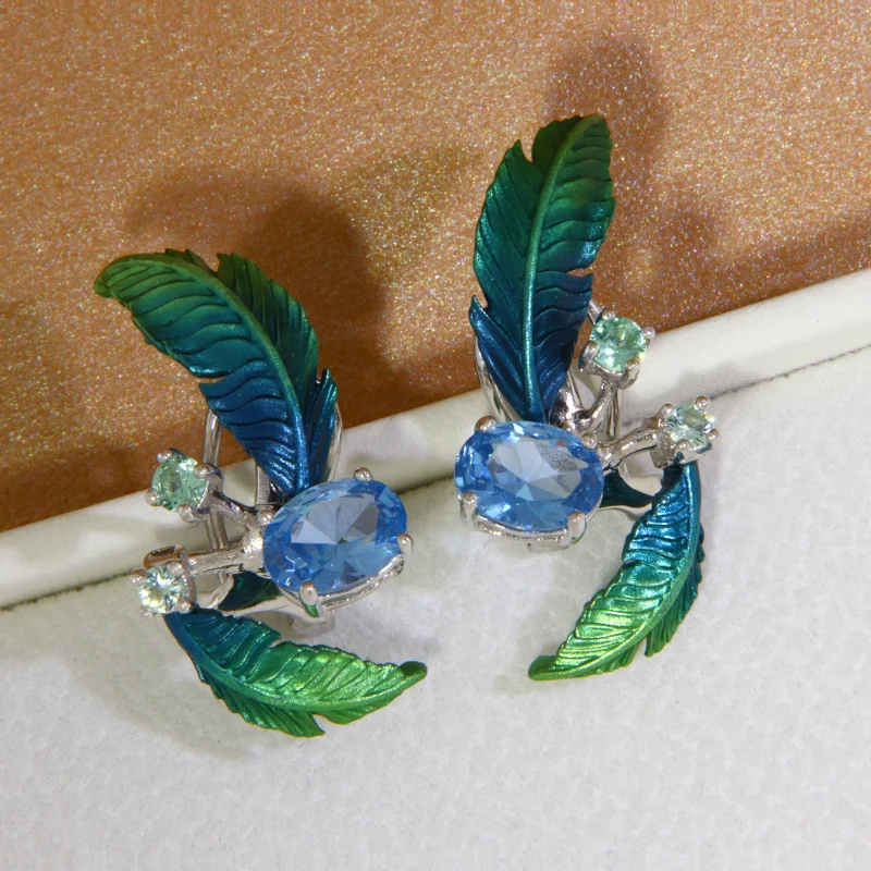 Cercei Argint Aluminiu Cubic Zirconia Frunze si Muguri Degrade Verde Bleu