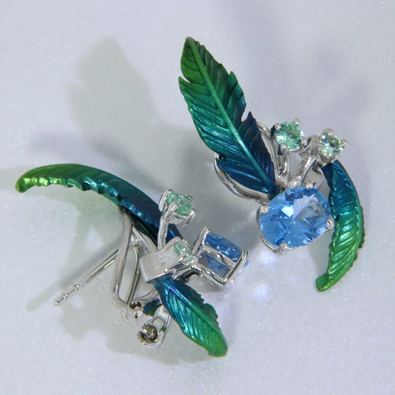 Cercei Argint Aluminiu Cubic Zirconia Frunze si Muguri Degrade Verde Bleu