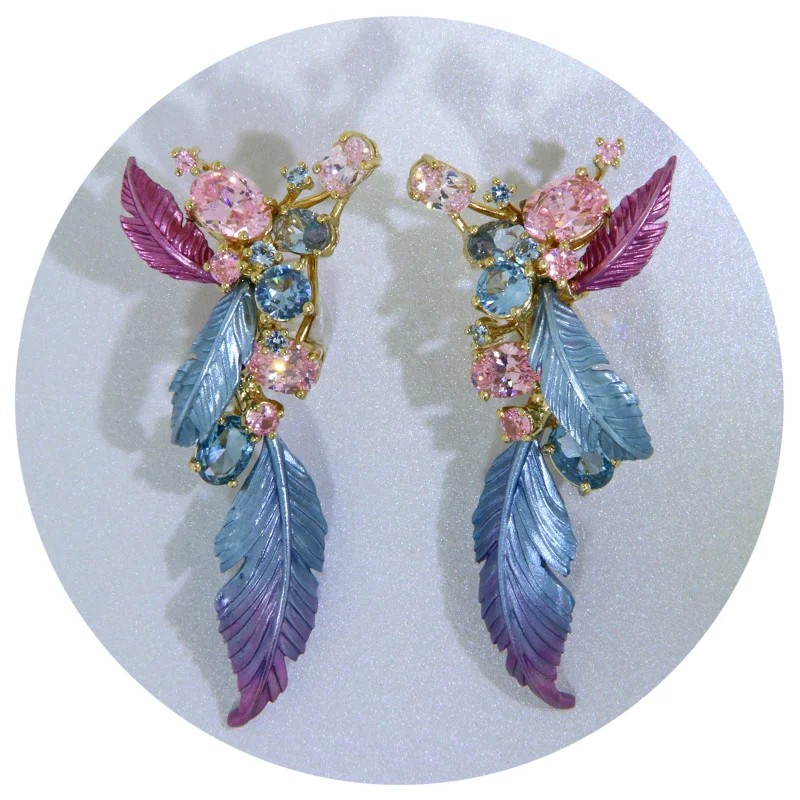 Cercei Argint 925 Aluminiu Cubic Zirconia Frunze Mari si Muguri Degrade Bleu Roz