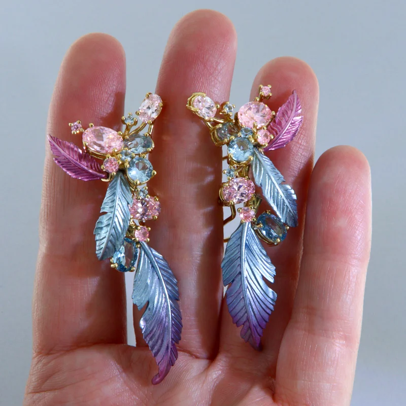Cercei Argint 925 Aluminiu Cubic Zirconia Frunze Mari si Muguri Degrade Bleu Roz