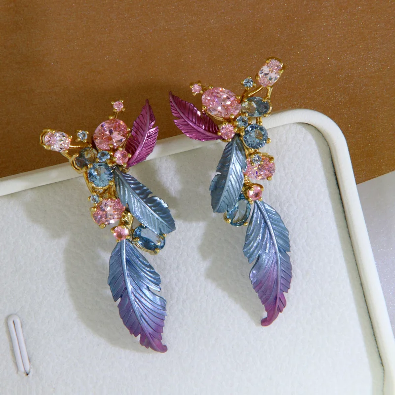 Cercei Argint 925 Aluminiu Cubic Zirconia Frunze Mari si Muguri Degrade Bleu Roz