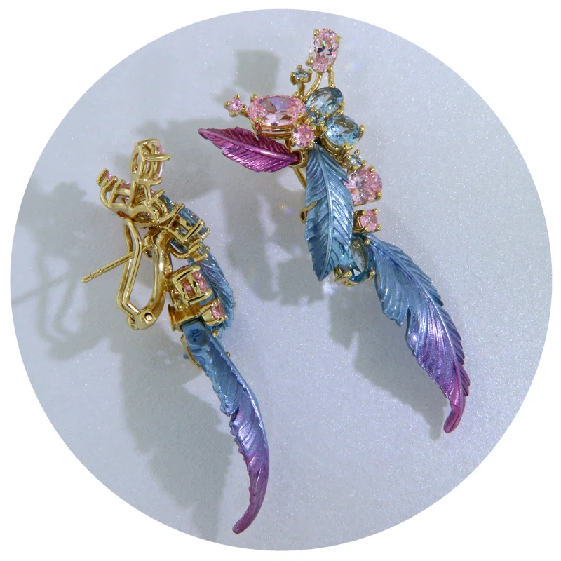 Cercei Argint 925 Aluminiu Cubic Zirconia Frunze Mari si Muguri Degrade Bleu Roz