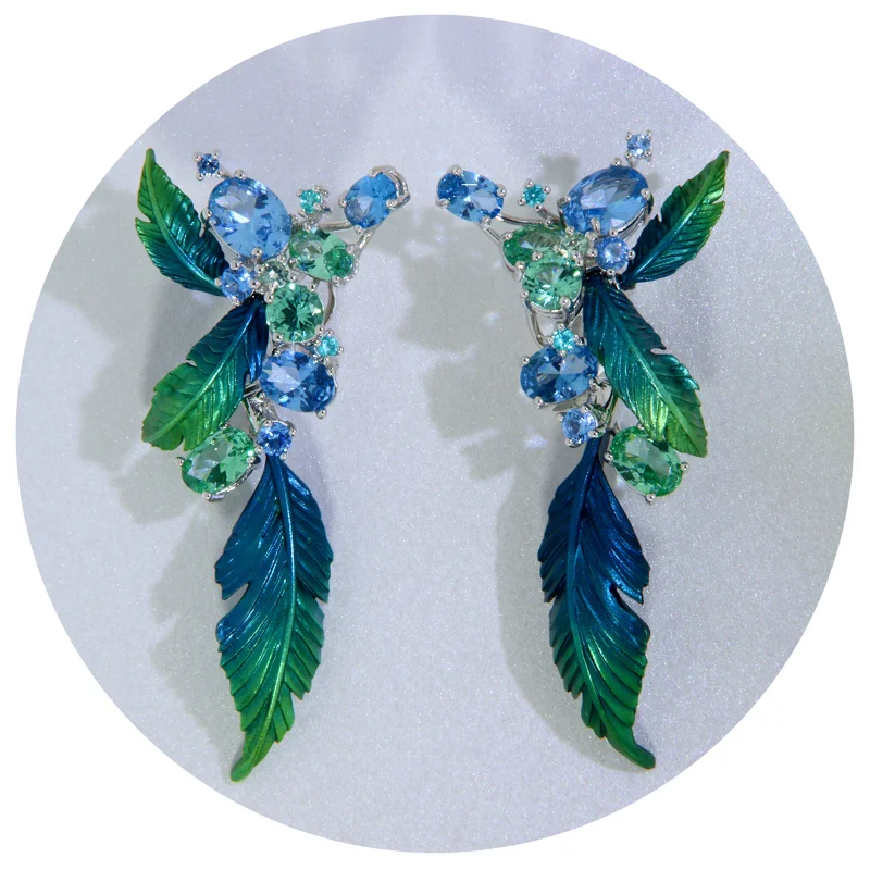 Cercei Argint 925 Aluminiu Cubic Zirconia Frunze Mari si Muguri Degrade Albastru Verde
