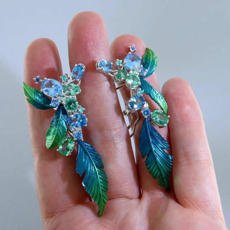 Cercei Argint 925 Aluminiu Cubic Zirconia Frunze Mari si Muguri Degrade Albastru Verde