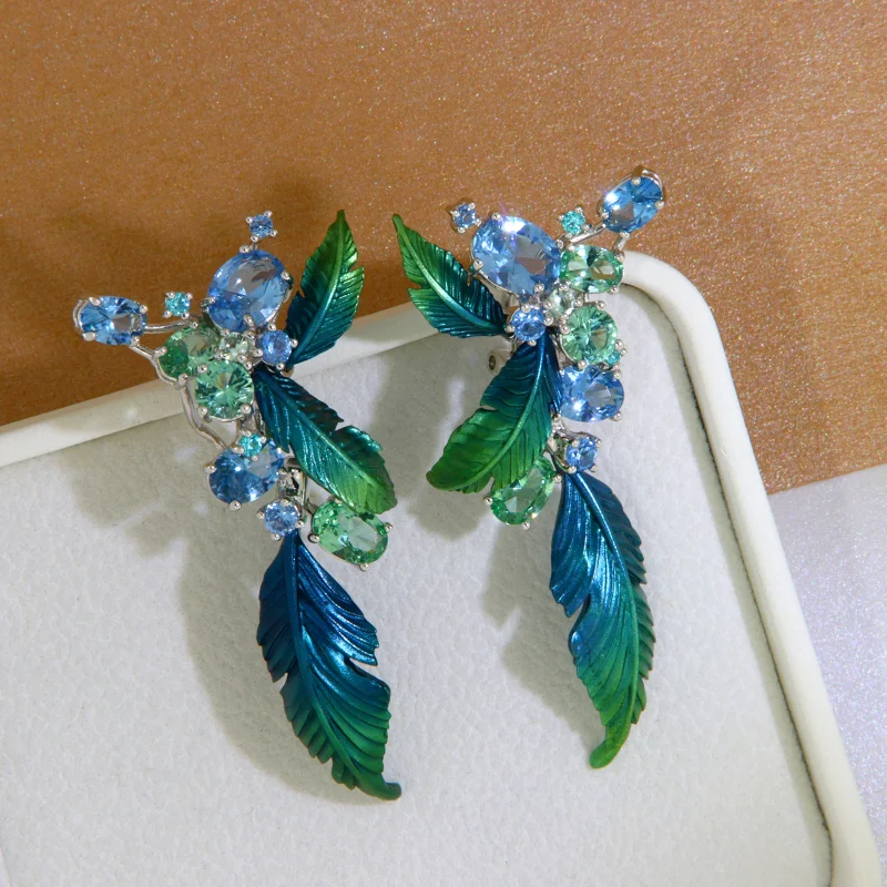 Cercei Argint 925 Aluminiu Cubic Zirconia Frunze Mari si Muguri Degrade Albastru Verde