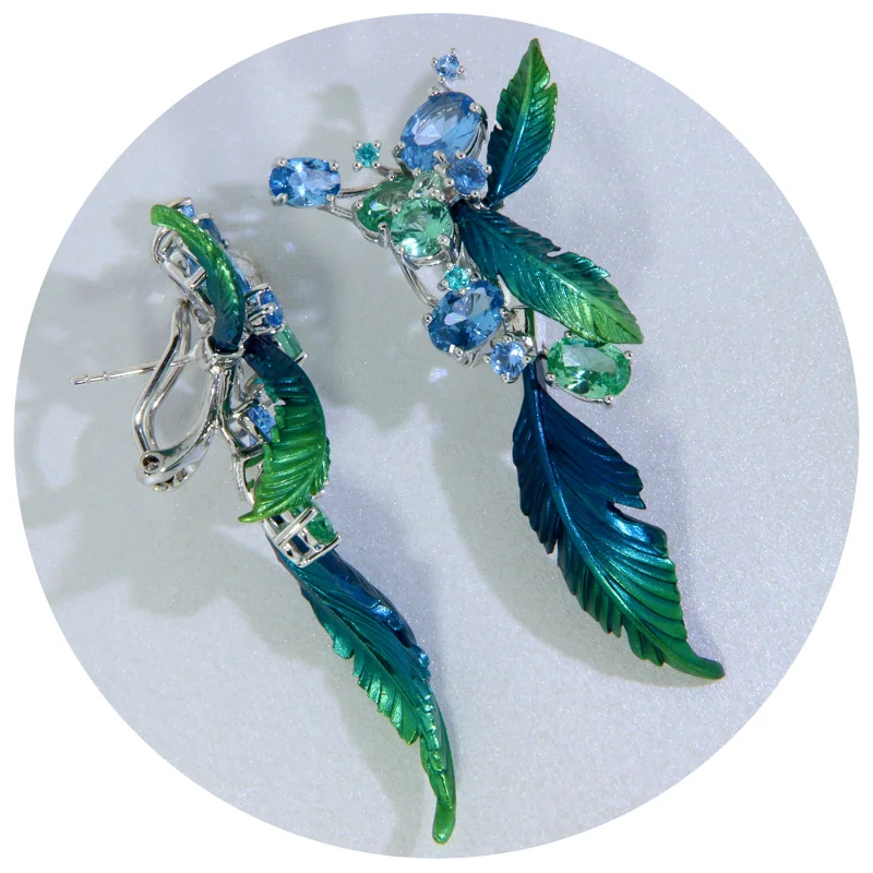 Cercei Argint 925 Aluminiu Cubic Zirconia Frunze Mari si Muguri Degrade Albastru Verde