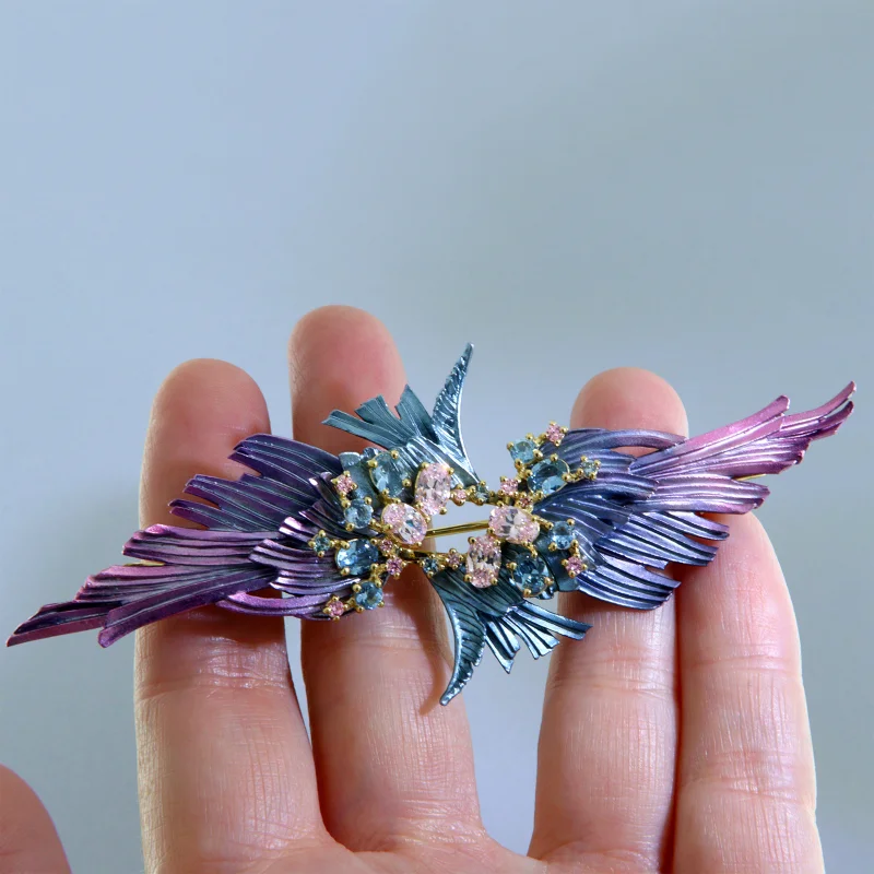 Pandantiv Brosa Argint 925 Aluminiu Cubic Zirconia Frunze Degrade Violet Albastru