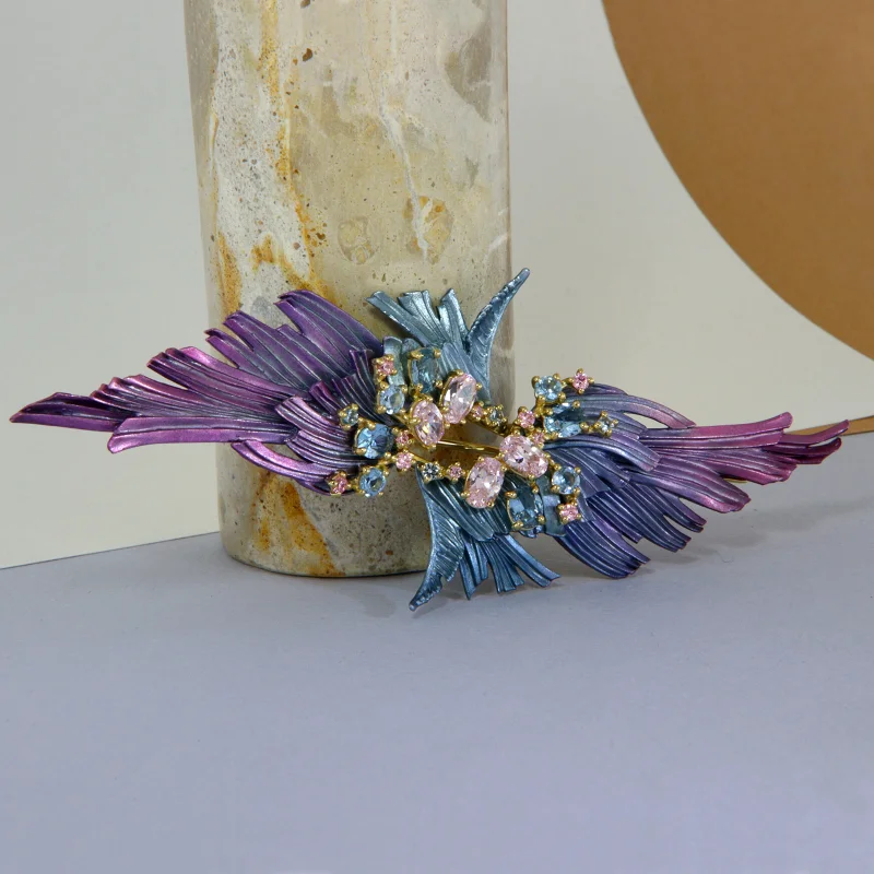 Pandantiv Brosa Argint 925 Aluminiu Cubic Zirconia Frunze Degrade Violet Albastru