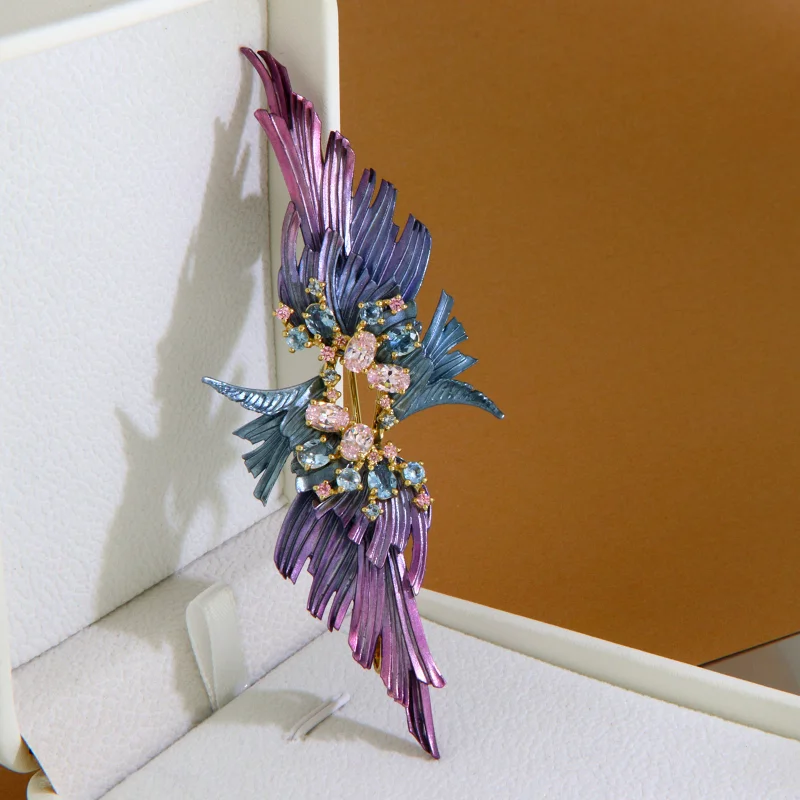 Pandantiv Brosa Argint 925 Aluminiu Cubic Zirconia Frunze Degrade Violet Albastru