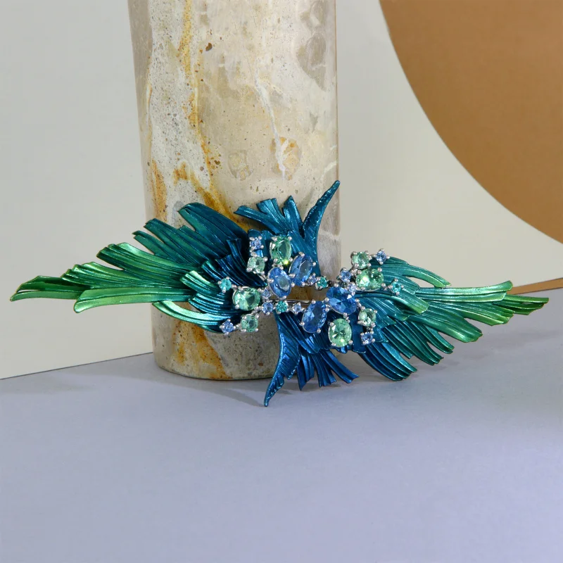 Pandantiv Brosa Argint 925 Aluminiu Cubic Zirconia Frunze Degrade Verde Albastru