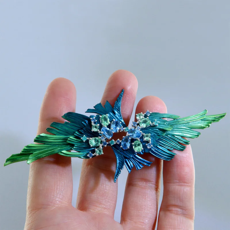 Pandantiv Brosa Argint 925 Aluminiu Cubic Zirconia Frunze Degrade Verde Albastru