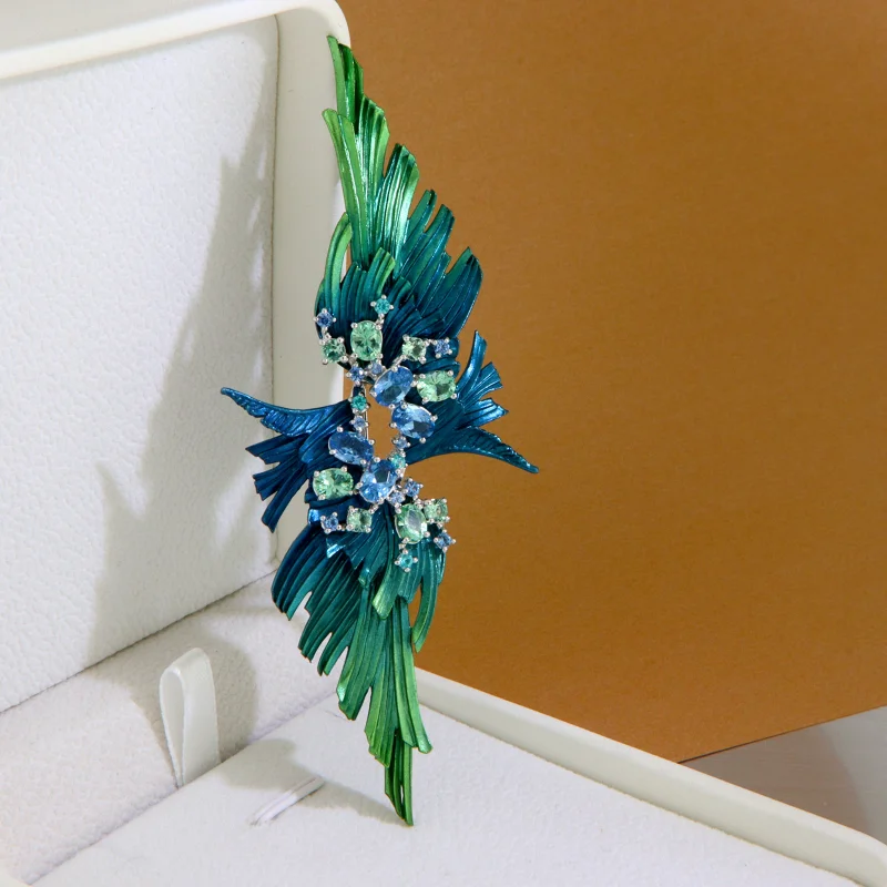 Pandantiv Brosa Argint 925 Aluminiu Cubic Zirconia Frunze Degrade Verde Albastru