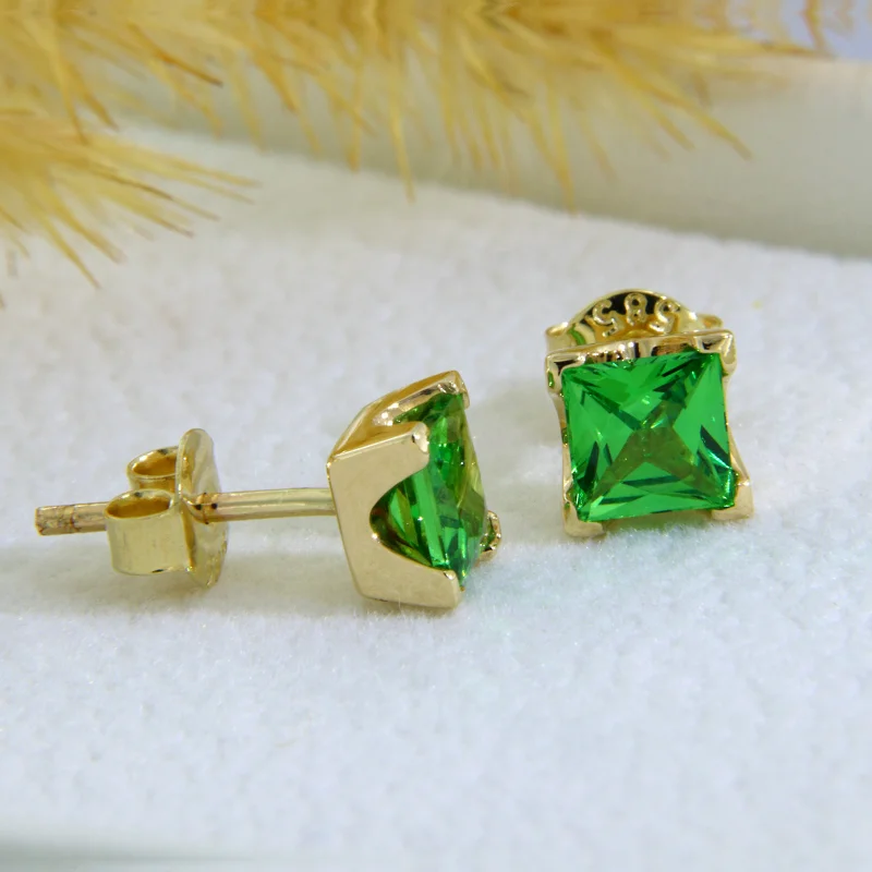 Cercei Stud Aur Galben 14k Tsavorite Naturale Princess Cut - Eleganta Vibranta
