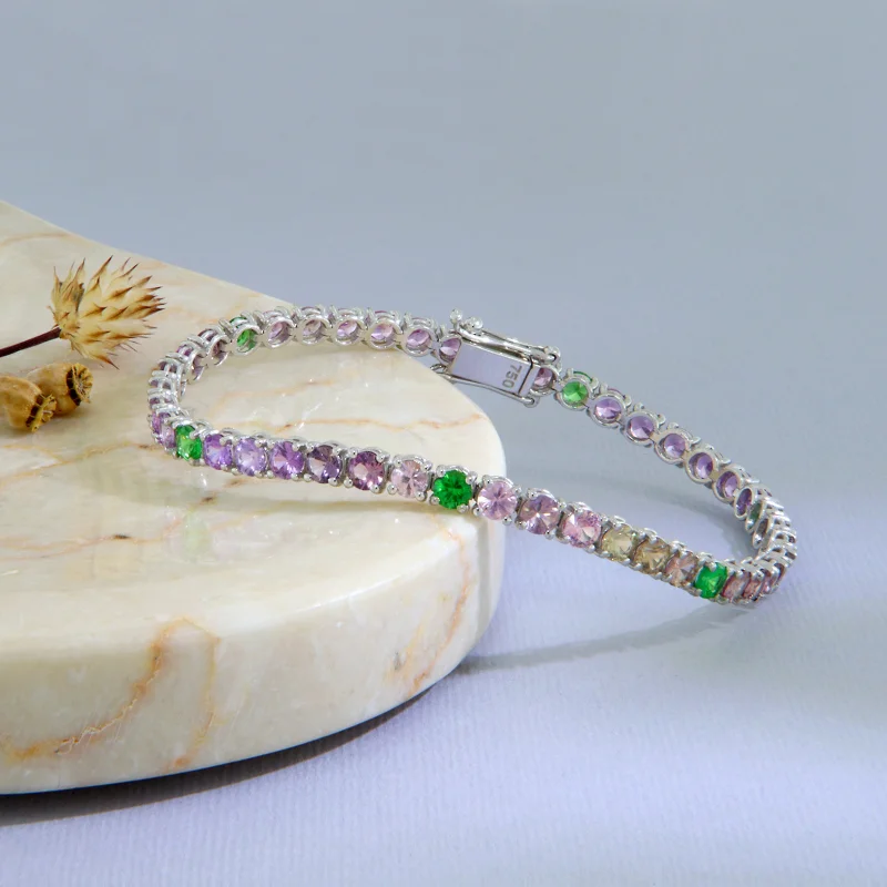 Bratara Tennis Aur Alb 18k Safire Pastel Granat Tsavorit Naturale - Armonie in culoare