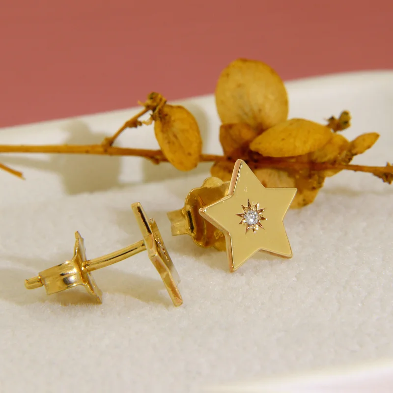 Cercei Stud Aur Galben 14k Stele Diamante Natural - Stralucire Pretioasa