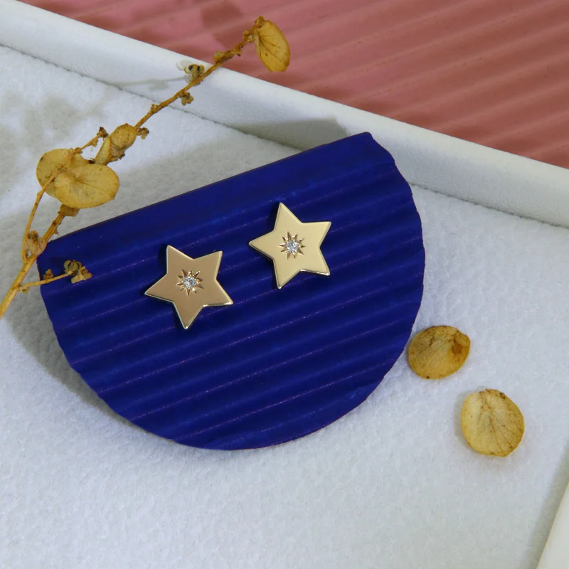 Cercei Stud Aur Galben 14k Stele Diamante Natural - Stralucire Pretioasa