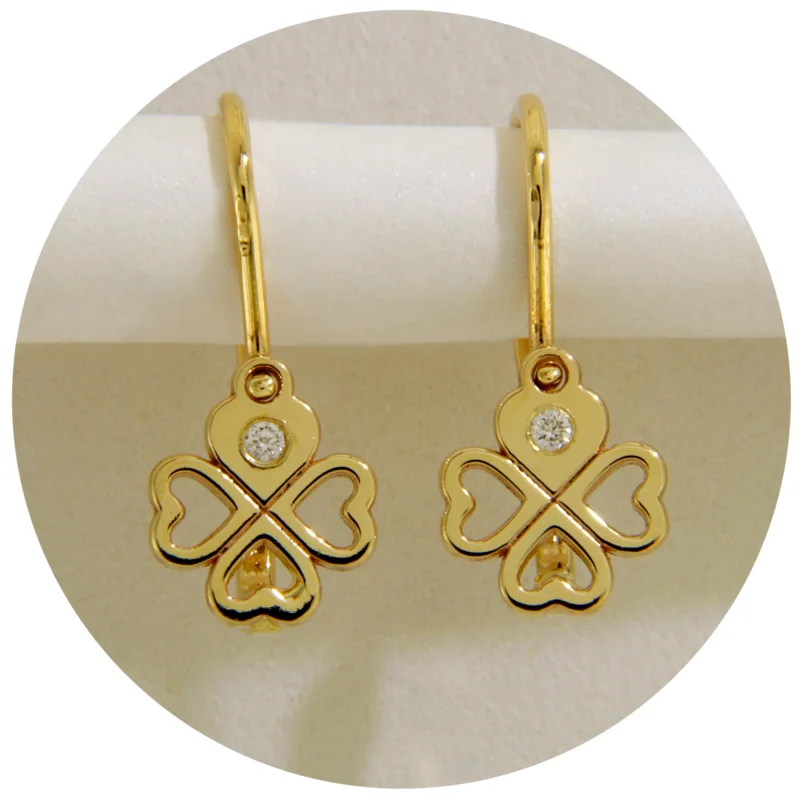 Cercei Tortite Fete Aur Galben 14k Trifoi Inimi Diamante Naturale - Noroc si Iubire