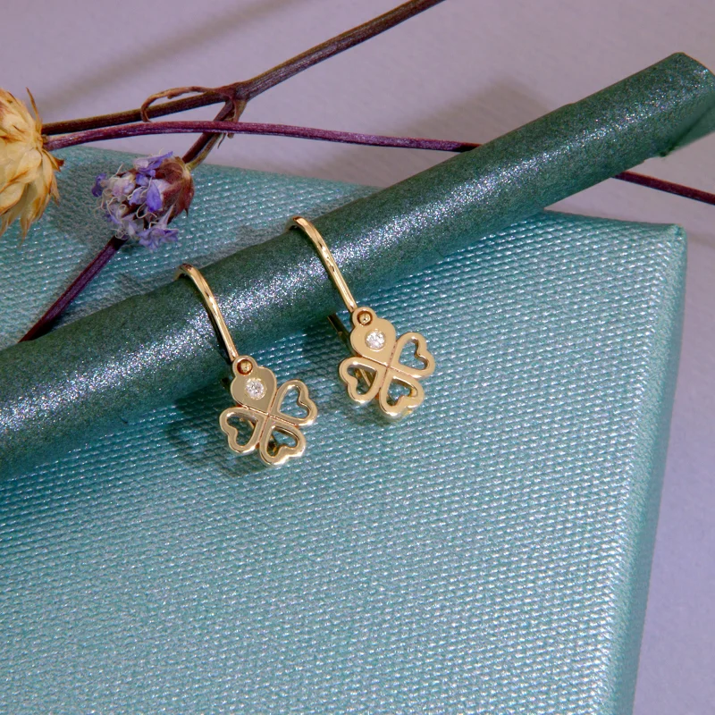 Cercei Tortite Fete Aur Galben 14k Trifoi Inimi Diamante Naturale - Noroc si Iubire