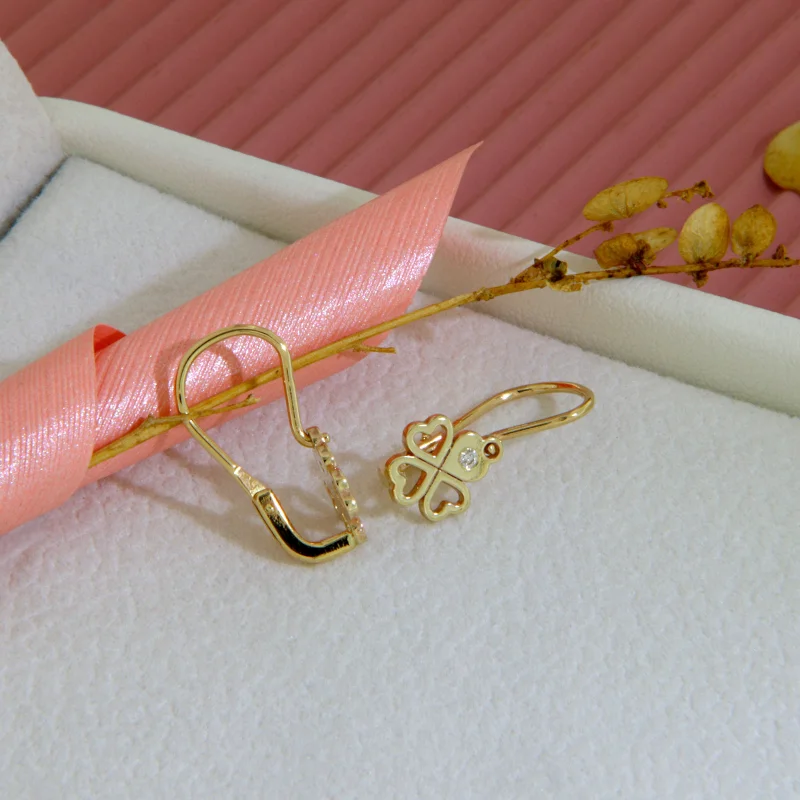 Cercei Tortite Fete Aur Galben 14k Trifoi Inimi Diamante Naturale - Noroc si Iubire