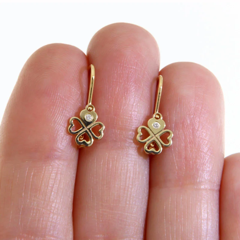 Cercei Tortite Fete Aur Galben 14k Trifoi Inimi Diamante Naturale - Noroc si Iubire