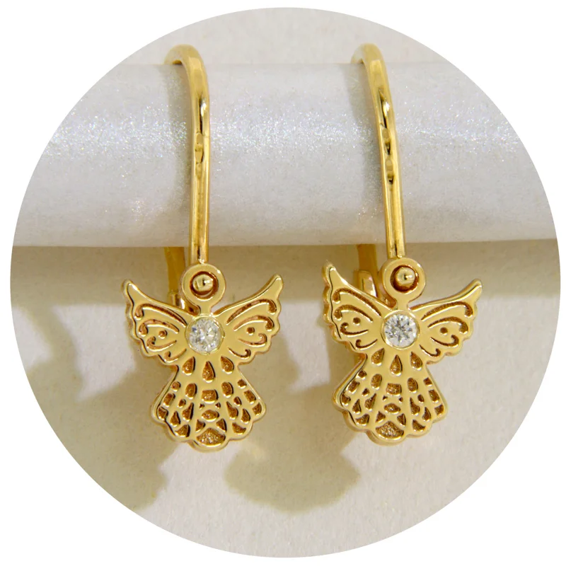 Cercei Tortite Fete Aur Galben 14k Ingerasi Diamante Naturale - Delicatete si Protectie