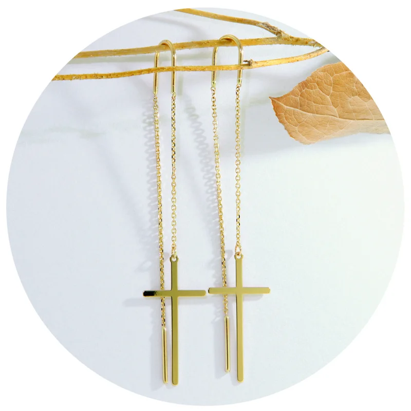 Cercei Lant Culisant Aur Galben 14 k Cruciulite Fine - Puritate si Armonie