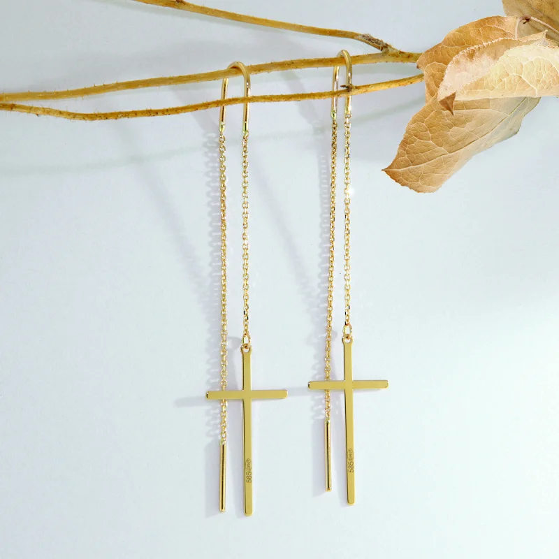 Cercei Lant Culisant Aur Galben 14 k Cruciulite Fine - Puritate si Armonie