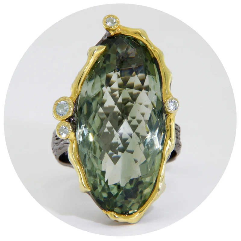 Inel Argint 925 Rodiat Negru Accente Aurii Ametist Verde Natural - Expresiv si Modern