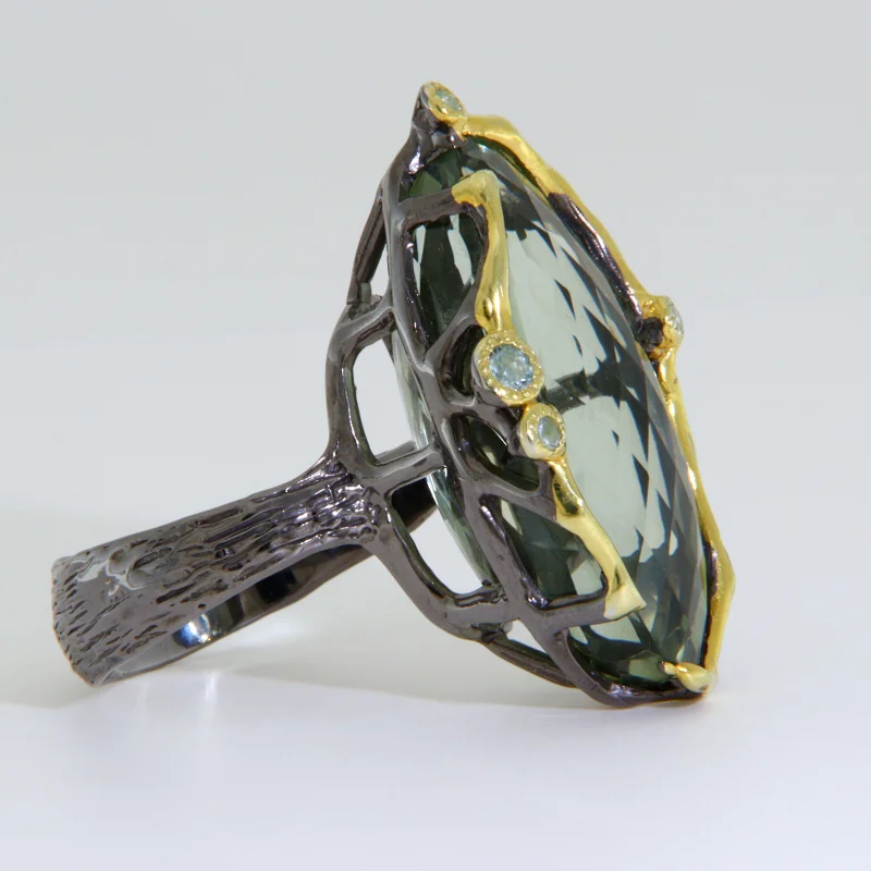 Inel Argint 925 Rodiat Negru Accente Aurii Ametist Verde Natural - Expresiv si Modern