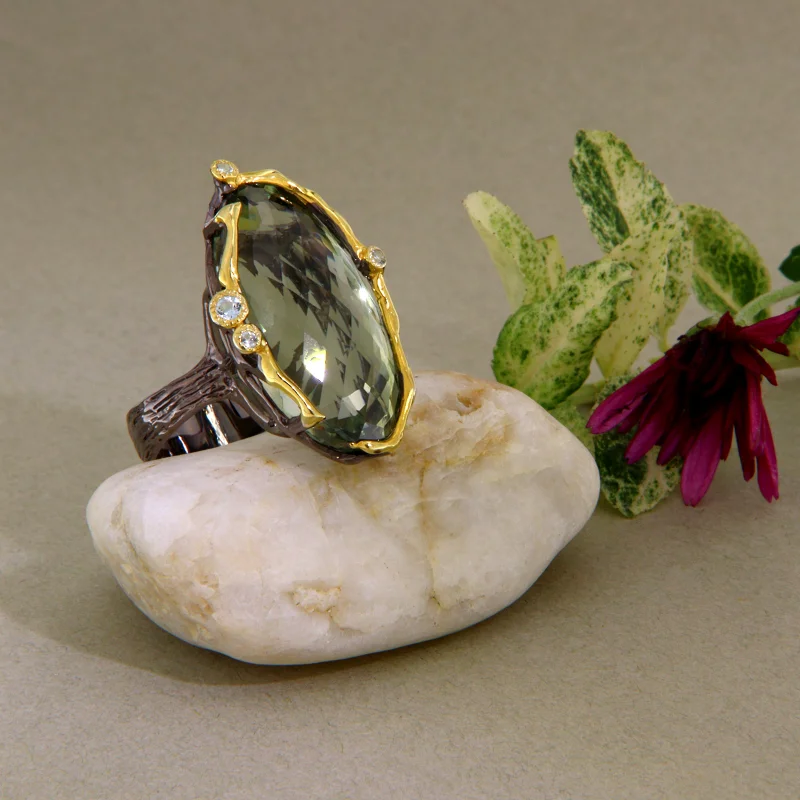 Inel Argint 925 Rodiat Negru Accente Aurii Ametist Verde Natural - Expresiv si Modern